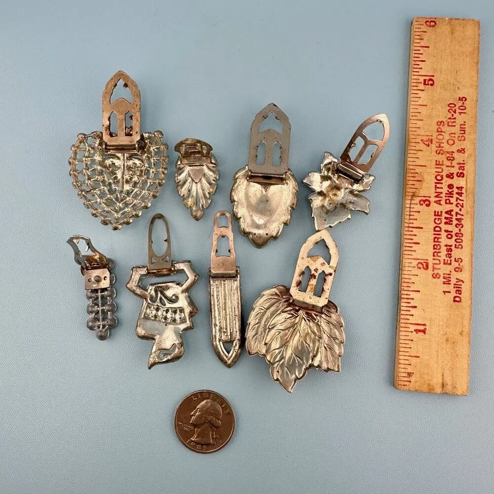 Vintage Rhinestone Dress Fur Clip Lot Silver Tone Art Deco Floral Some Pot Metal